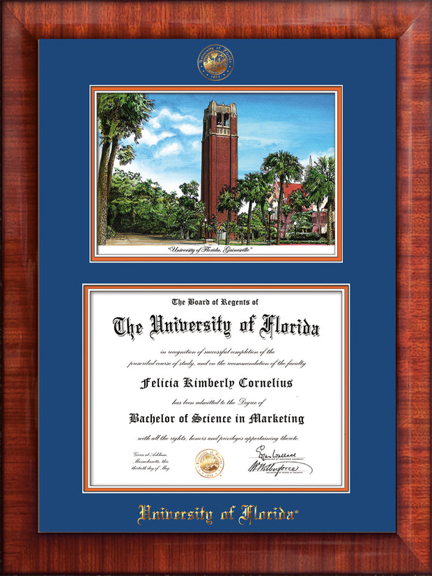 Image of University of Florida Diploma Frame - Mezzo Gloss - w/UF Embossed Seal & Name - Campus Watercolor - Royal Blue on Orange mat