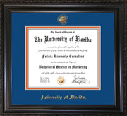 Image of University of Florida Diploma Frame - Vintage Black Scoop - w/UF Embossed Seal & Name - Royal Blue on Orange mat