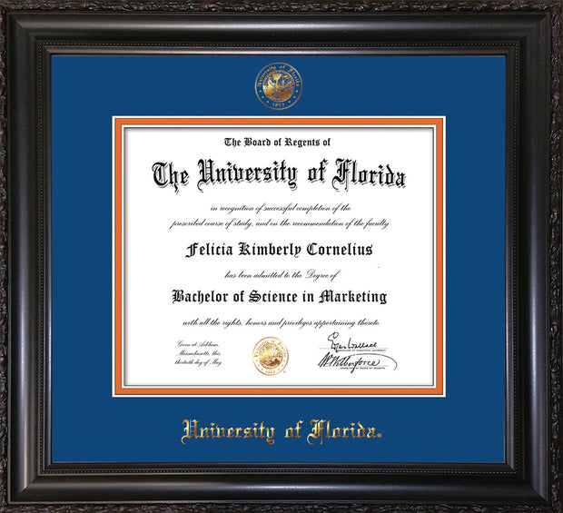 Image of University of Florida Diploma Frame - Vintage Black Scoop - w/UF Embossed Seal & Name - Royal Blue on Orange mat