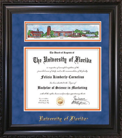 Image of University of Florida Diploma Frame - Vintage Black Scoop - w/UF Embossed School Name Only - Campus Collage - Royal Blue Suede on Orange mat