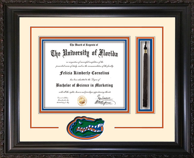 Image of University of Florida Diploma Frame - Vintage Black Scoop - 3D Laser UF Gator Head Logo Cutout - Tassel Holder - Cream on Orange on Royal Blue mat