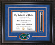 Image of University of Florida Diploma Frame - Vintage Black Scoop - 3D Laser UF Gator Head Logo Cutout - Tassel Holder - Royal Blue Suede on Orange on Royal Blue mat