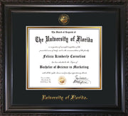 Image of University of Florida Diploma Frame - Vintage Black Scoop - w/UF Embossed Seal & Name - Black on Gold mat