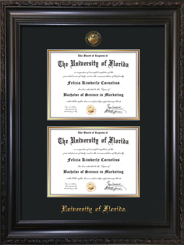 Image of University of Florida Diploma Frame - Vintage Black Scoop - w/UF Embossed Seal & Name - Double Diploma - Black on Gold mat