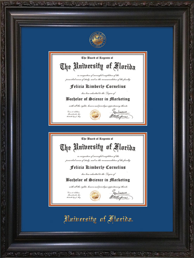 Image of University of Florida Diploma Frame - Vintage Black Scoop - w/UF Embossed Seal & Name - Double Diploma - Royal Blue on Orange mat