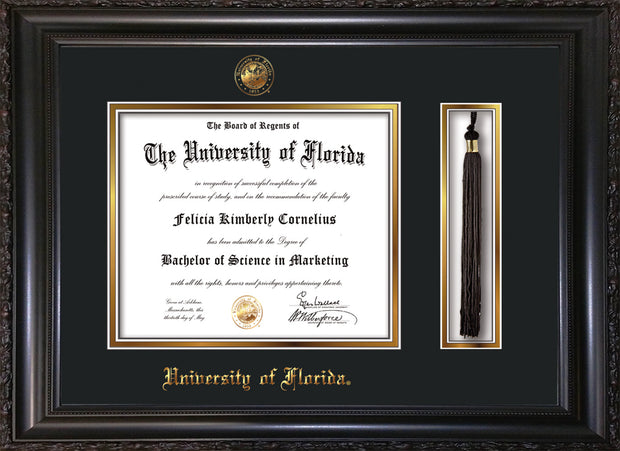 Image of University of Florida Diploma Frame - Vintage Black Scoop - w/UF Embossed Seal & Name - Tassel Holder - Black on Gold mat