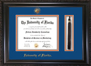 Image of University of Florida Diploma Frame - Vintage Black Scoop - w/UF Embossed Seal & Name - Tassel Holder - Royal Blue on Orange mat