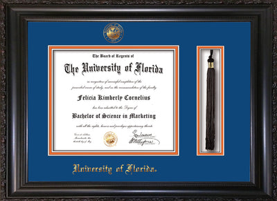 Image of University of Florida Diploma Frame - Vintage Black Scoop - w/UF Embossed Seal & Name - Tassel Holder - Royal Blue on Orange mat