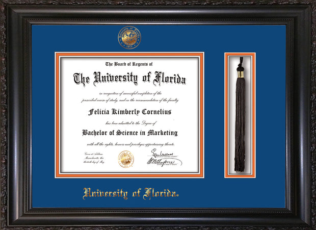 Image of University of Florida Diploma Frame - Vintage Black Scoop - w/UF Embossed Seal & Name - Tassel Holder - Royal Blue on Orange mat