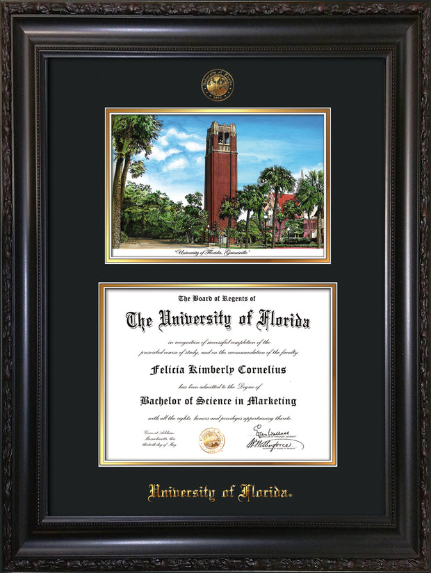 Image of University of Florida Diploma Frame - Vintage Black Scoop - w/UF Embossed Seal & Name - Campus Watercolor - Black on Gold mat