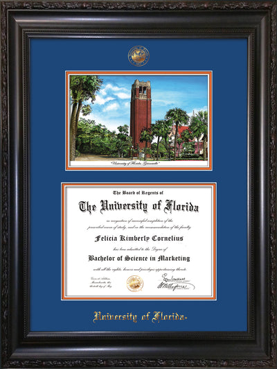 Image of University of Florida Diploma Frame - Vintage Black Scoop - w/UF Embossed Seal & Name - Campus Watercolor - Royal Blue on Orange mat
