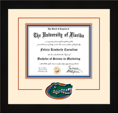 Image of University of Florida Diploma Frame - Flat Matte Black - 3D Laser UF Gator Head Logo Cutout - Cream on Orange on Royal Blue mat