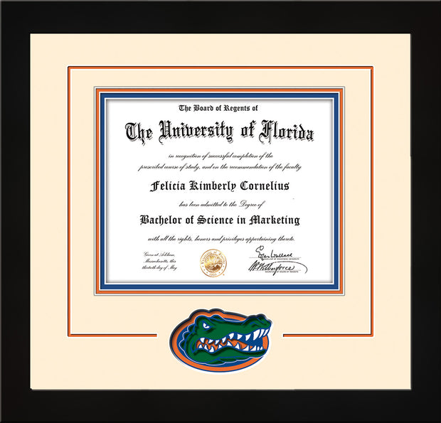 Image of University of Florida Diploma Frame - Flat Matte Black - 3D Laser UF Gator Head Logo Cutout - Cream on Orange on Royal Blue mat