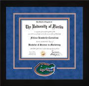 Image of University of Florida Diploma Frame - Flat Matte Black - 3D Laser UF Gator Head Logo Cutout - Royal Blue Suede on Orange on Royal Blue mat