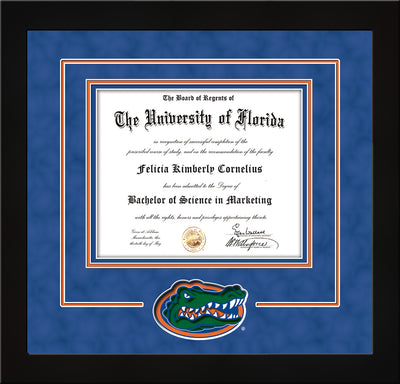 Image of University of Florida Diploma Frame - Flat Matte Black - 3D Laser UF Gator Head Logo Cutout - Royal Blue Suede on Orange on Royal Blue mat