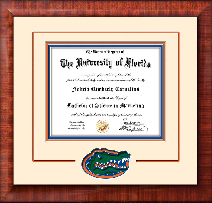 Image of University of Florida Diploma Frame - Mezzo Gloss - 3D Laser UF Gator Head Logo Cutout - Cream on Orange on Royal Blue mat