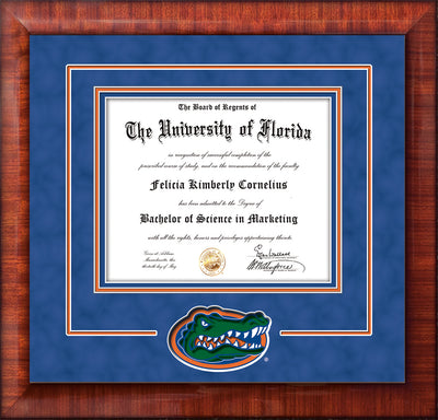 Image of University of Florida Diploma Frame - Mezzo Gloss - 3D Laser UF Gator Head Logo Cutout - Royal Blue Suede on Orange on Royal Blue mat