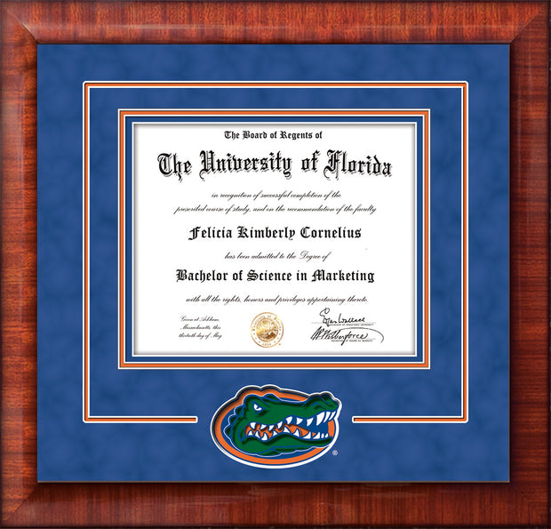 Image of University of Florida Diploma Frame - Mezzo Gloss - 3D Laser UF Gator Head Logo Cutout - Royal Blue Suede on Orange on Royal Blue mat