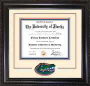 Image of University of Florida Diploma Frame - Vintage Black Scoop - 3D Laser UF Gator Head Logo Cutout - Cream on Orange on Royal Blue mat