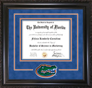 Image of University of Florida Diploma Frame - Vintage Black Scoop - 3D Laser UF Gator Head Logo Cutout - Royal Blue Suede on Orange on Royal Blue mat