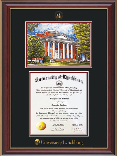 Image of University of Lynchburg Diploma Frame - Cherry Lacquer - w/Embossed UL Seal & Name - w/Campus Watercolor - Black on Crimson mat