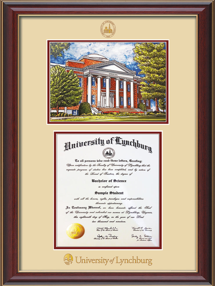 Image of University of Lynchburg Diploma Frame - Cherry Lacquer - w/Embossed UL Seal & Name - w/Campus Watercolor - Cream on Crimson mat