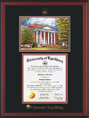 Image of University of Lynchburg Diploma Frame - Cherry Reverse - w/Embossed UL Seal & Name - w/Campus Watercolor - Black on Crimson mat