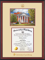 Image of University of Lynchburg Diploma Frame - Cherry Reverse - w/Embossed UL Seal & Name - w/Campus Watercolor - Cream on Crimson mat