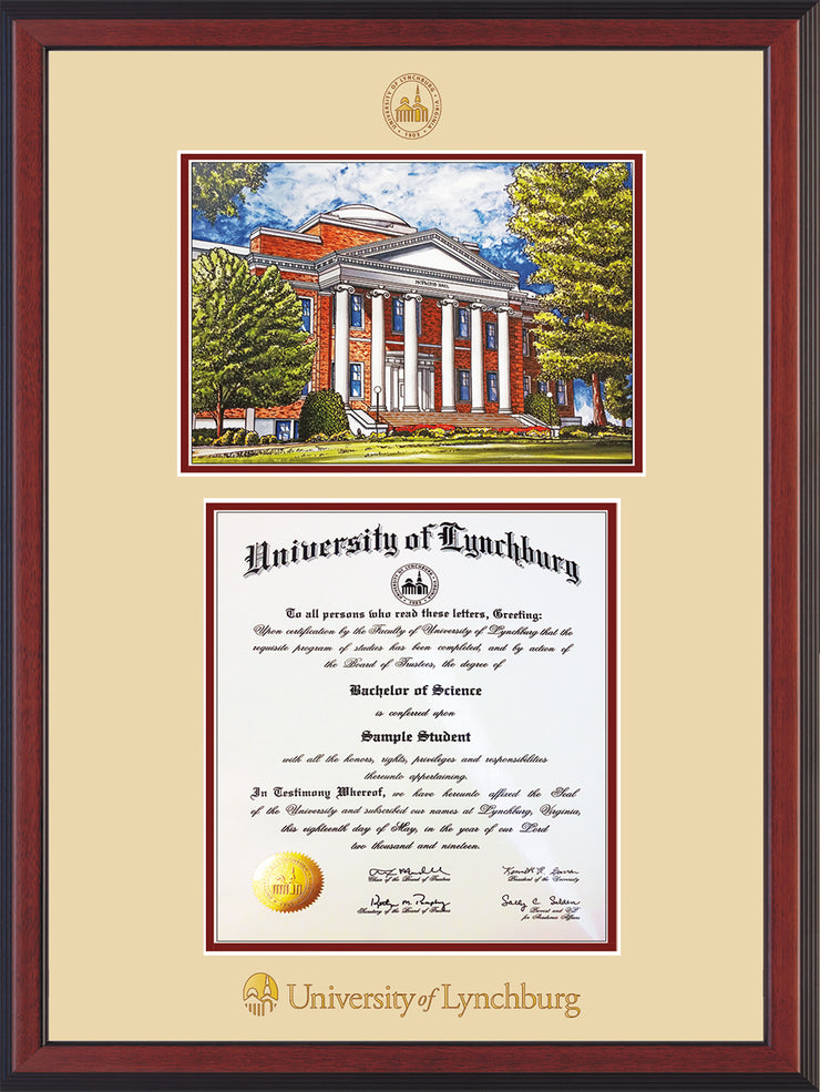 Image of University of Lynchburg Diploma Frame - Cherry Reverse - w/Embossed UL Seal & Name - w/Campus Watercolor - Cream on Crimson mat