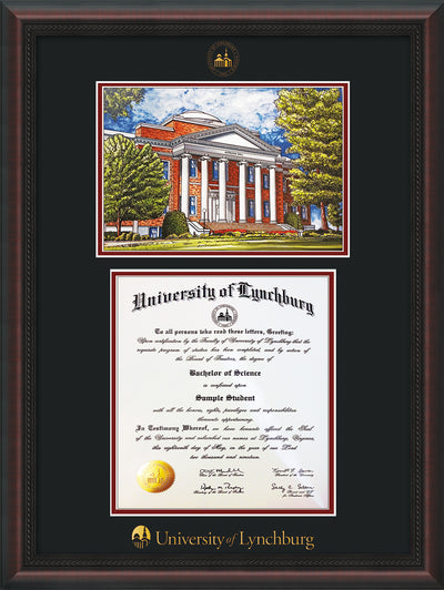 Image of University of Lynchburg Diploma Frame - Mahogany Braid - w/Embossed UL Seal & Name - w/Campus Watercolor - Black on Crimson mat
