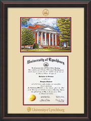 Image of University of Lynchburg Diploma Frame - Mahogany Braid - w/Embossed UL Seal & Name - w/Campus Watercolor - Cream on Crimson mat