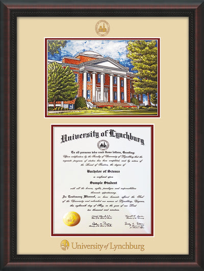 Image of University of Lynchburg Diploma Frame - Mahogany Braid - w/Embossed UL Seal & Name - w/Campus Watercolor - Cream on Crimson mat