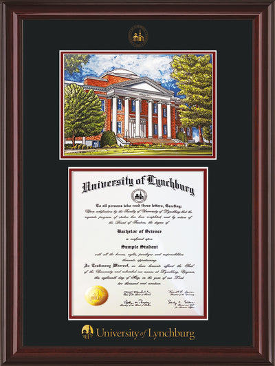 Image of University of Lynchburg Diploma Frame - Mahogany Lacquer - w/Embossed UL Seal & Name - w/Campus Watercolor - Black on Crimson mat