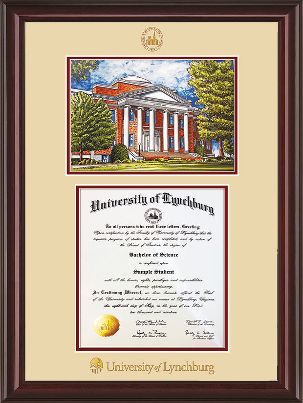 Image of University of Lynchburg Diploma Frame - Mahogany Lacquer - w/Embossed UL Seal & Name - w/Campus Watercolor - Cream on Crimson mat