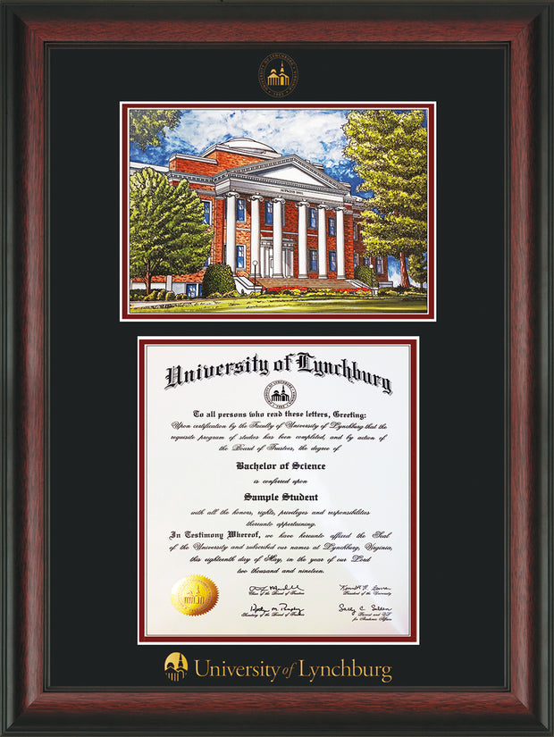 Image of University of Lynchburg Diploma Frame - Rosewood - w/Embossed UL Seal & Name - w/Campus Watercolor - Black on Crimson mat