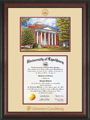 Image of University of Lynchburg Diploma Frame - Rosewood - w/Embossed UL Seal & Name - w/Campus Watercolor - Cream on Crimson mat