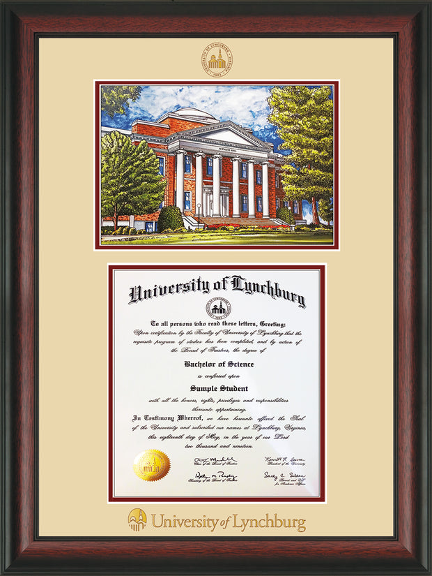 Image of University of Lynchburg Diploma Frame - Rosewood - w/Embossed UL Seal & Name - w/Campus Watercolor - Cream on Crimson mat