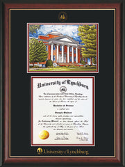 Image of University of Lynchburg Diploma Frame - Rosewood w/Gold Lip - w/Embossed UL Seal & Name - w/Campus Watercolor - Black on Crimson mat