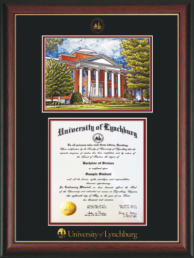 Image of University of Lynchburg Diploma Frame - Rosewood w/Gold Lip - w/Embossed UL Seal & Name - w/Campus Watercolor - Black on Crimson mat