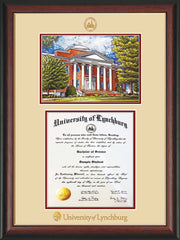 Image of University of Lynchburg Diploma Frame - Rosewood w/Gold Lip - w/Embossed UL Seal & Name - w/Campus Watercolor - Cream on Crimson mat