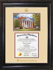 Image of University of Lynchburg Diploma Frame - Vintage Black Scoop - w/Embossed UL Seal & Name - w/Campus Watercolor - Cream on Crimson mat