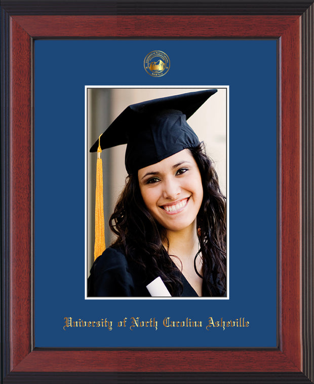 Image of University of North Carolina Asheville 5 x 7 Photo Frame - Cherry Reverse - w/Official Embossing of UNCA Seal & Name - Single Royal Blue mat