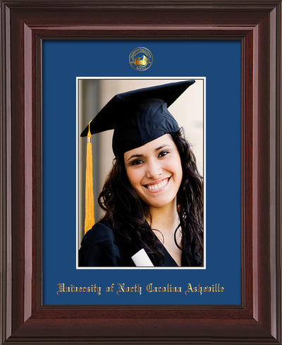 Image of University of North Carolina Asheville 5 x 7 Photo Frame - Mahogany Lacquer - w/Official Embossing of UNCA Seal & Name - Single Royal Blue mat