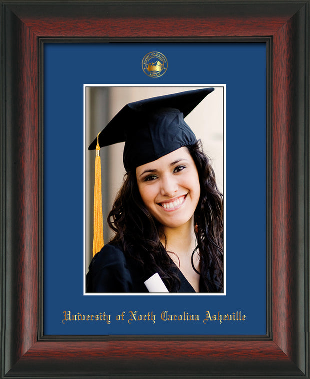 Image of University of North Carolina Asheville 5 x 7 Photo Frame - Rosewood - w/Official Embossing of UNCA Seal & Name - Single Royal Blue mat