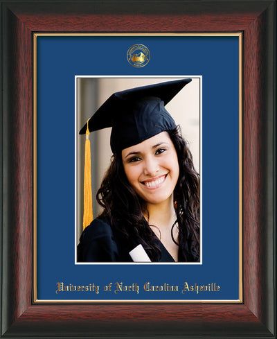 Image of University of North Carolina Asheville 5 x 7 Photo Frame - Rosewood with Gold Lip - w/Official Embossing of UNCA Seal & Name - Single Royal Blue mat