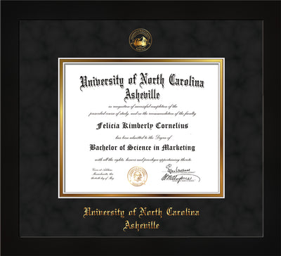 Image of University of North Carolina Asheville Diploma Frame - Flat Matte Black - w/Embossed UNCA Seal & Name - Black Suede on Gold mat