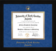 Image of University of North Carolina Asheville Diploma Frame - Flat Matte Black - w/Embossed UNCA Seal & Name - Royal Blue Suede on Gold mat
