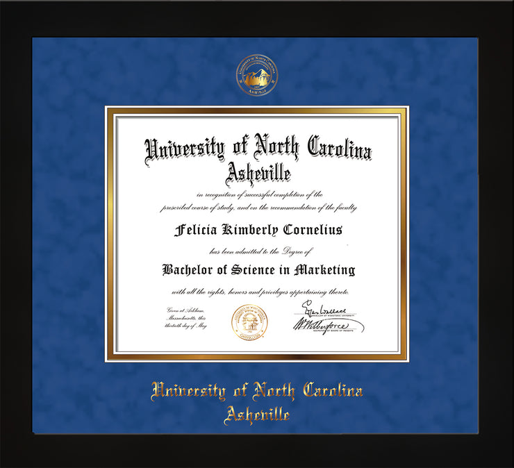 Image of University of North Carolina Asheville Diploma Frame - Flat Matte Black - w/Embossed UNCA Seal & Name - Royal Blue Suede on Gold mat