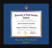 Image of University of North Carolina Asheville Diploma Frame - Flat Matte Black - w/Embossed UNCA Seal & Name - Royal Blue on Gold mat