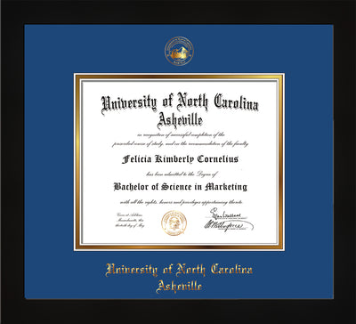 Image of University of North Carolina Asheville Diploma Frame - Flat Matte Black - w/Embossed UNCA Seal & Name - Royal Blue on Gold mat